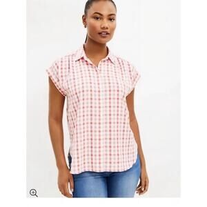 LOFT red Plaid Dolman Everyday Button Down MP M PETITE summer teacher casual EUC
